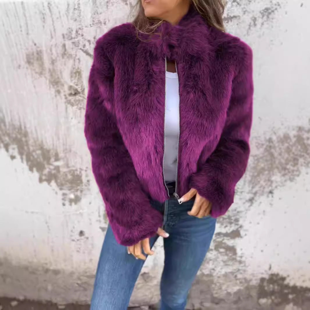 Faux Fur Jacket Women Zip Closure Stand-Up Collar Fluffy Design - 5 - Stylewhipped