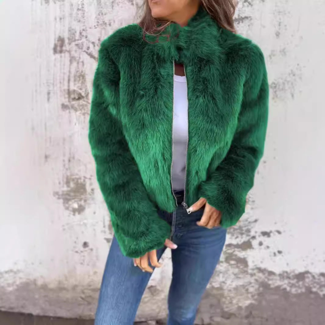 Faux Fur Jacket Women Zip Closure Stand-Up Collar Fluffy Design - 6 - Stylewhipped
