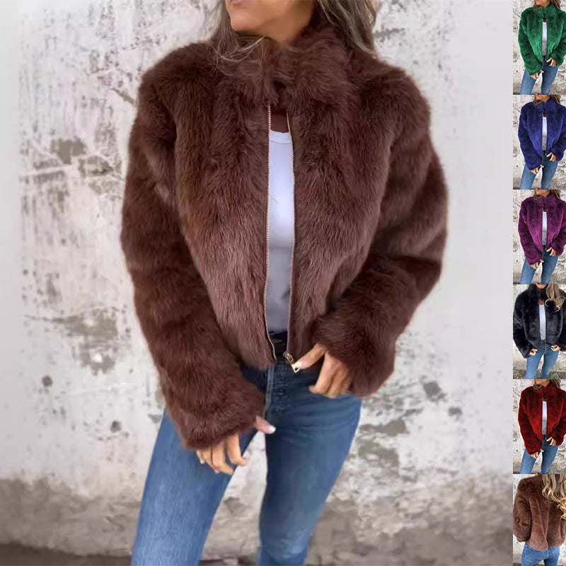 Faux Fur Jacket Women Zip Closure Stand-Up Collar Fluffy Design - 7 - Stylewhipped