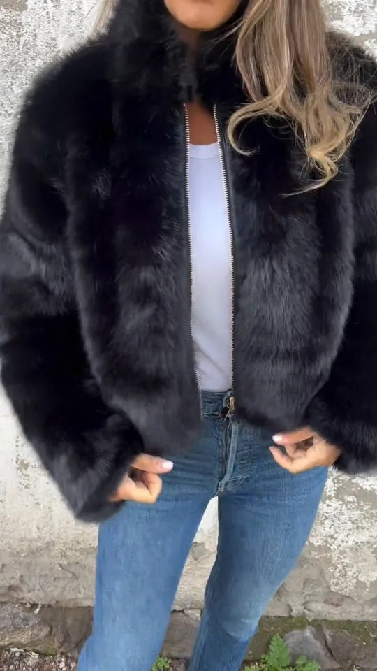 Faux Fur Jacket Women Zip Closure Stand-Up Collar Fluffy Design - 8 - Stylewhipped