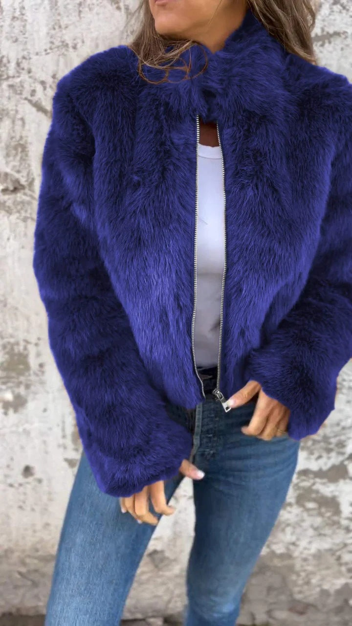 Faux Fur Jacket Women Zip Closure Stand-Up Collar Fluffy Design - 9 - Stylewhipped