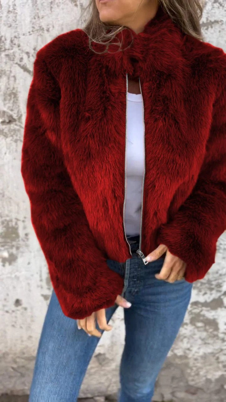 Faux Fur Jacket Women Zip Closure Stand-Up Collar Fluffy Design - 10 - Stylewhipped