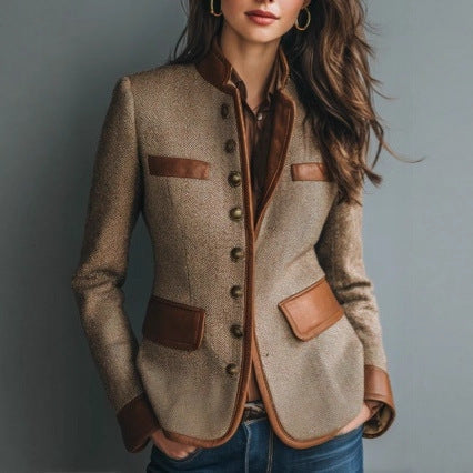 Blazer Women Tailored Fit with Contrast Leather Trim - 1 - Stylewhipped