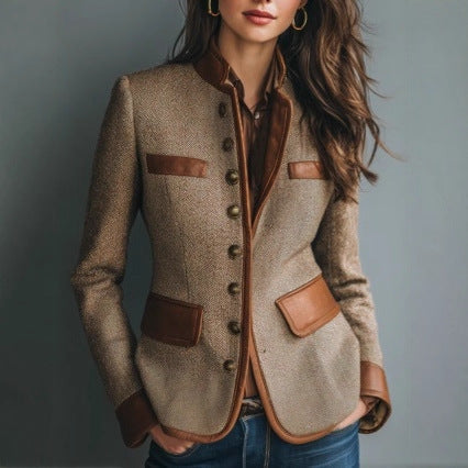 Blazer Women Tailored Fit with Contrast Leather Trim - 3 - Stylewhipped