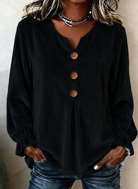 Button Front Blouse for Women with V-Neck and Long Sleeves - 1 - Stylewhipped