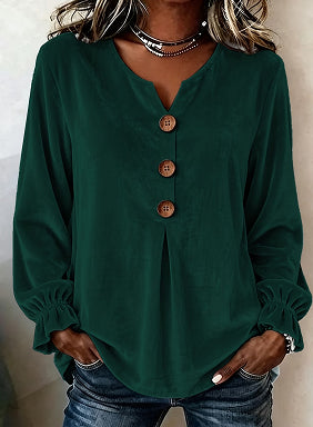 Button Front Blouse for Women with V-Neck and Long Sleeves - 3 - Stylewhipped