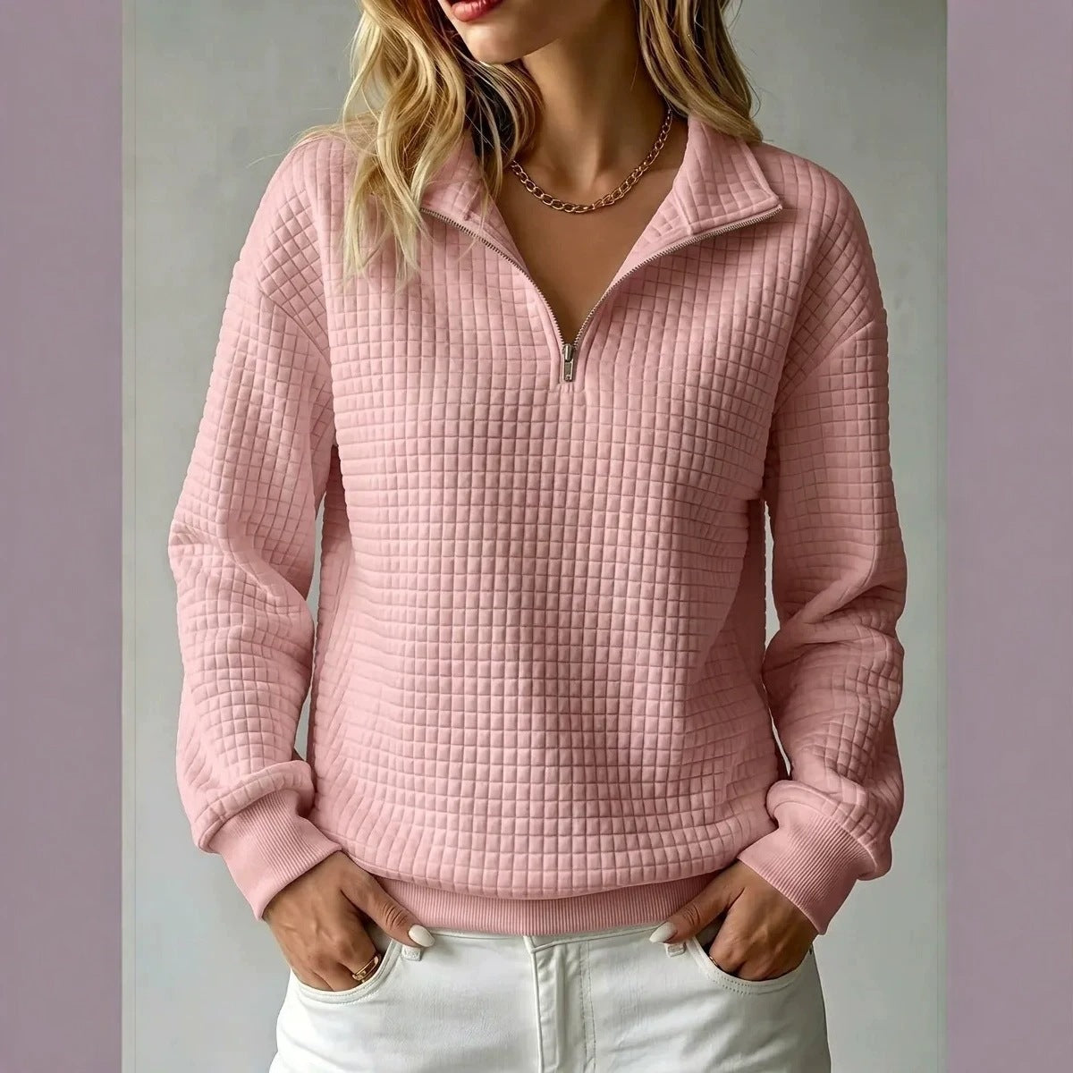Zip Neck Sweatshirt for Women with Long Sleeves and Relaxed Fit - 2 - Stylewhipped