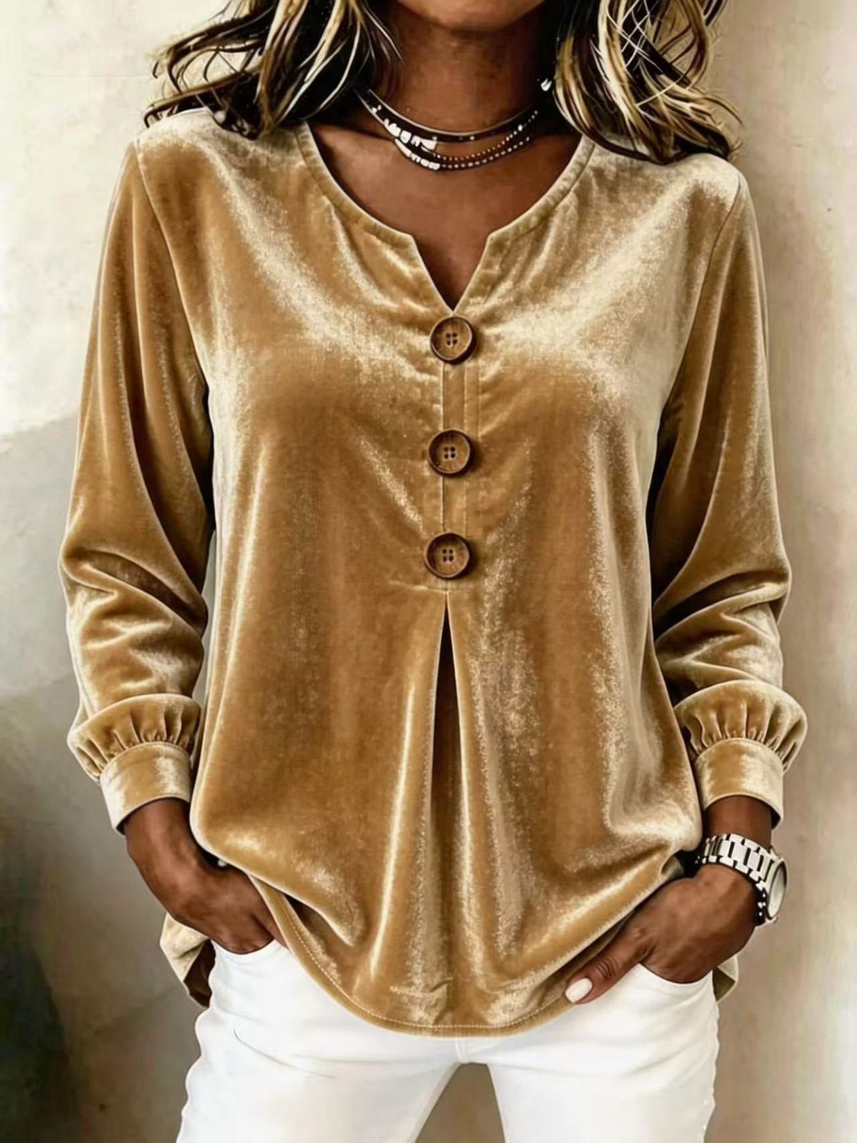 Women's Blouse with V-Neck and Button Details for a Flattering Fit - 1 - Stylewhipped