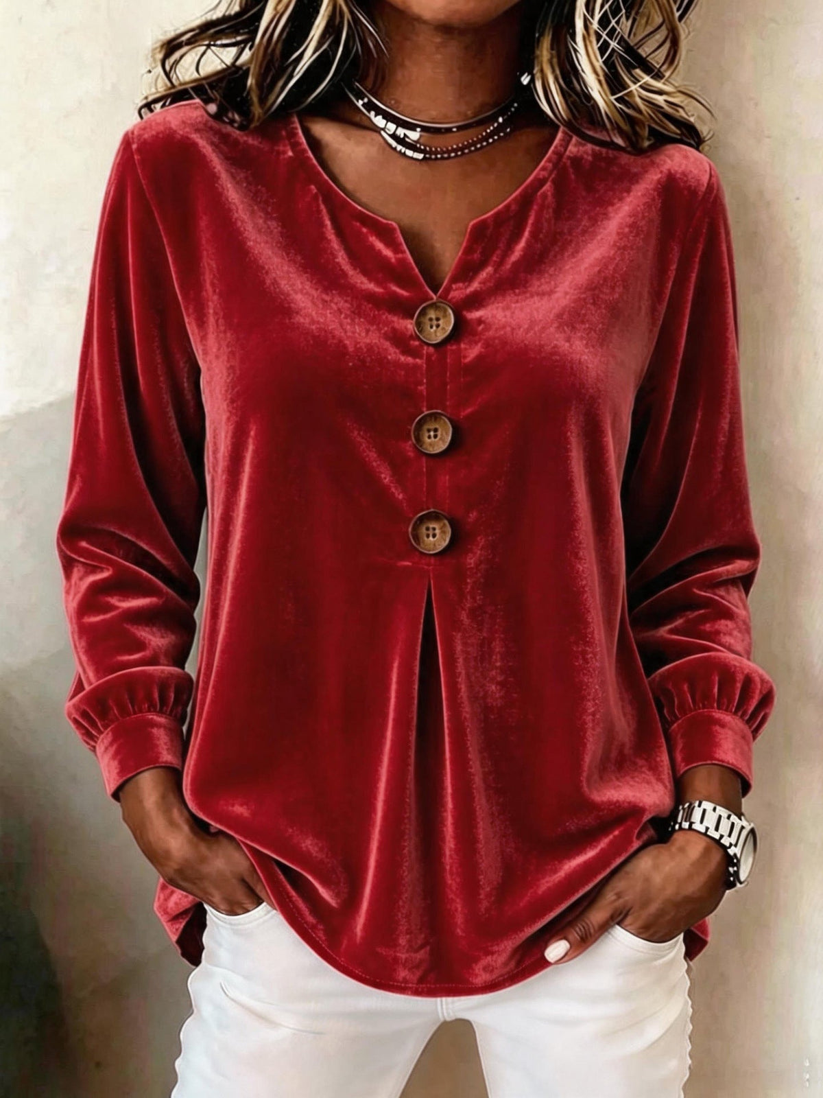 Women's Blouse with V-Neck and Button Details for a Flattering Fit - 2 - Stylewhipped
