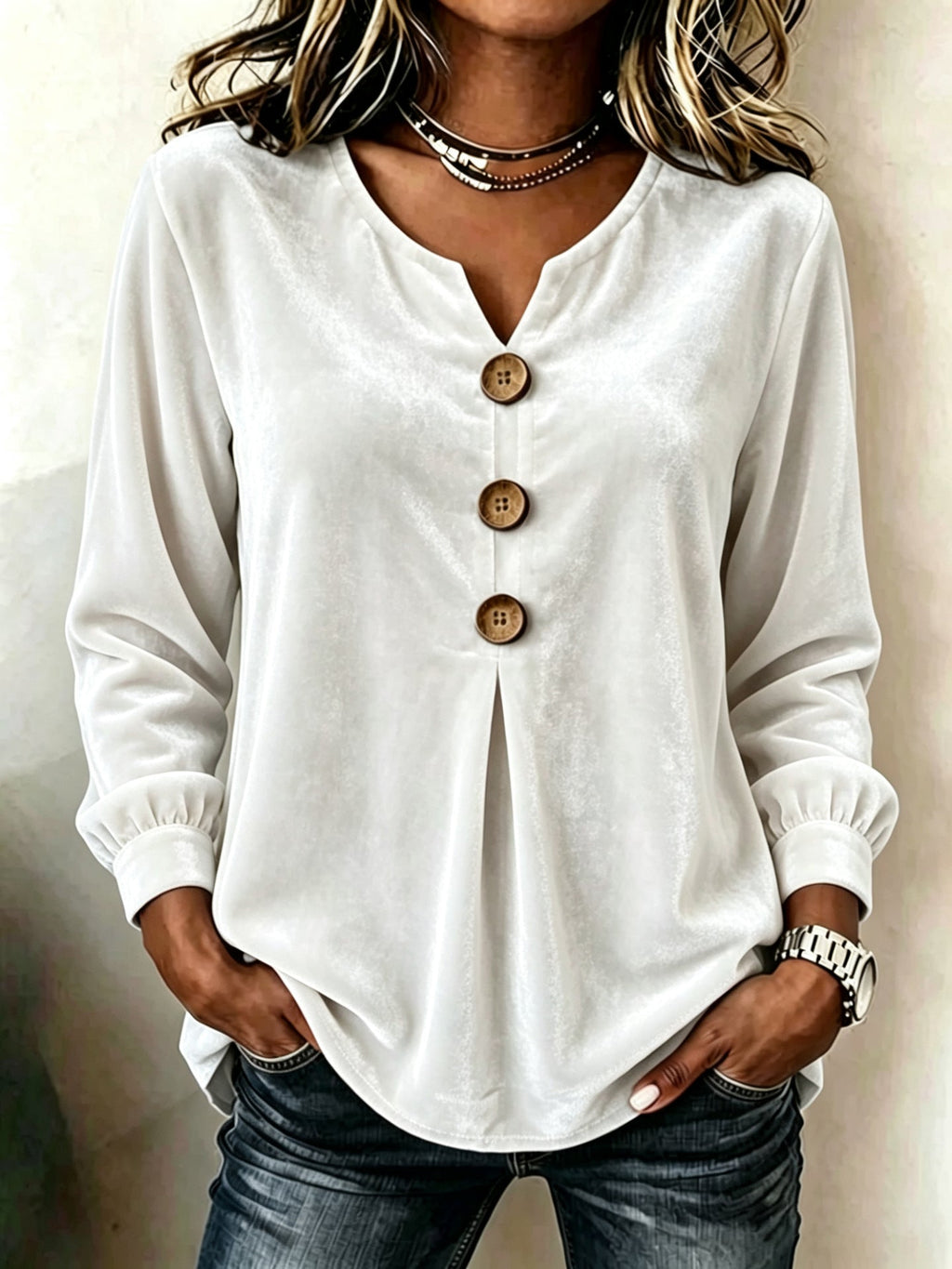 Women's Blouse with V-Neck and Button Details for a Flattering Fit - 3 - Stylewhipped