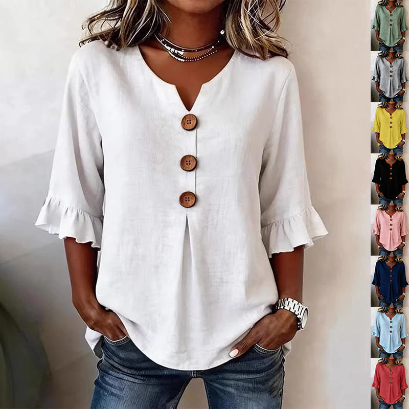 Blouse Women V-Neck Ruffled Sleeve Button Detail - 1 - Stylewhipped