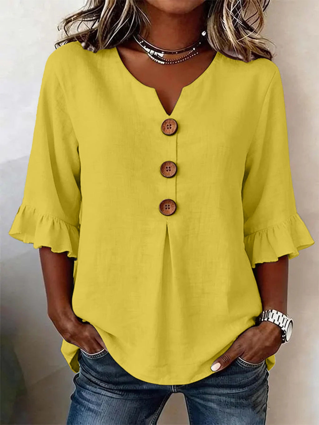 Blouse Women V-Neck Ruffled Sleeve Button Detail - 2 - Stylewhipped