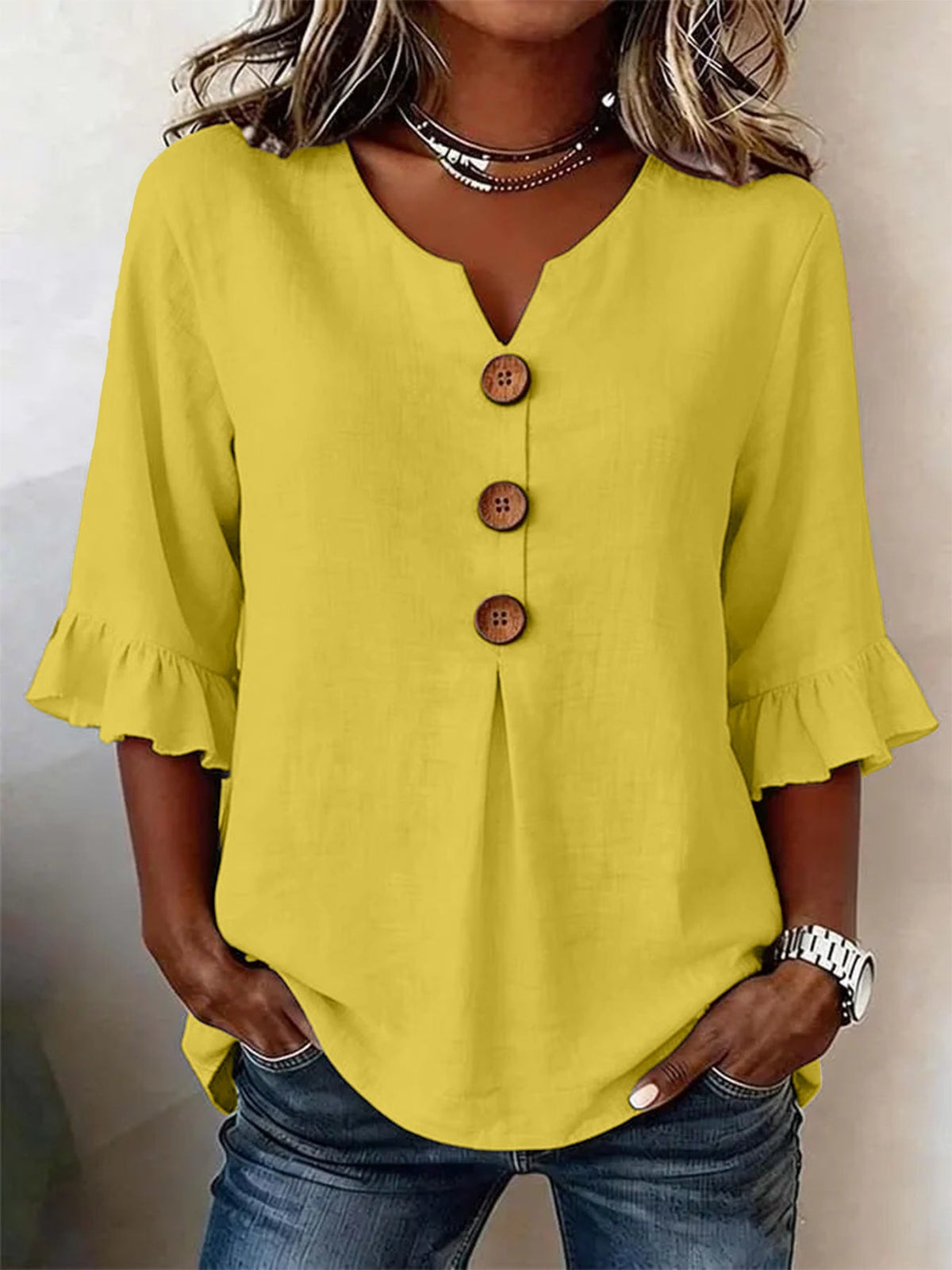 Blouse Women V-Neck Ruffled Sleeve Button Detail - 2 - Stylewhipped