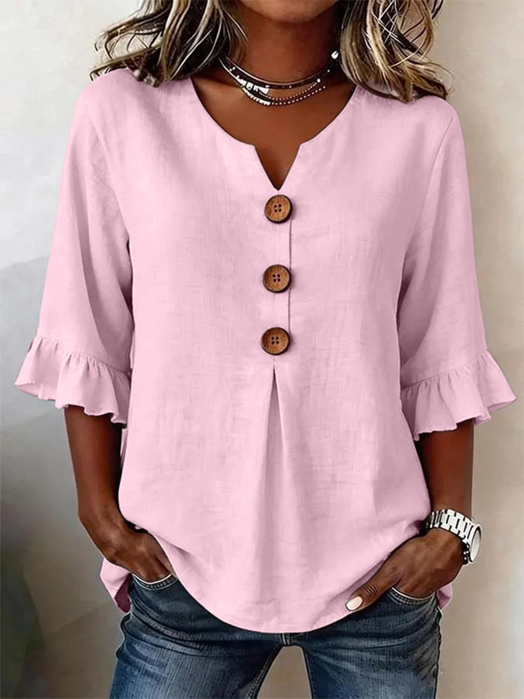 Blouse Women V-Neck Ruffled Sleeve Button Detail - 3 - Stylewhipped