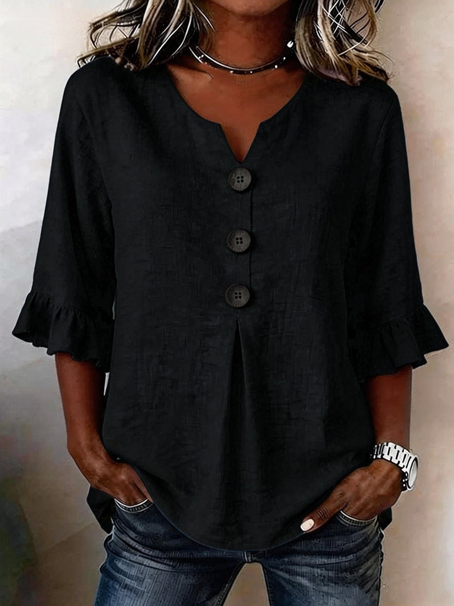Blouse Women V-Neck Ruffled Sleeve Button Detail - 4 - Stylewhipped