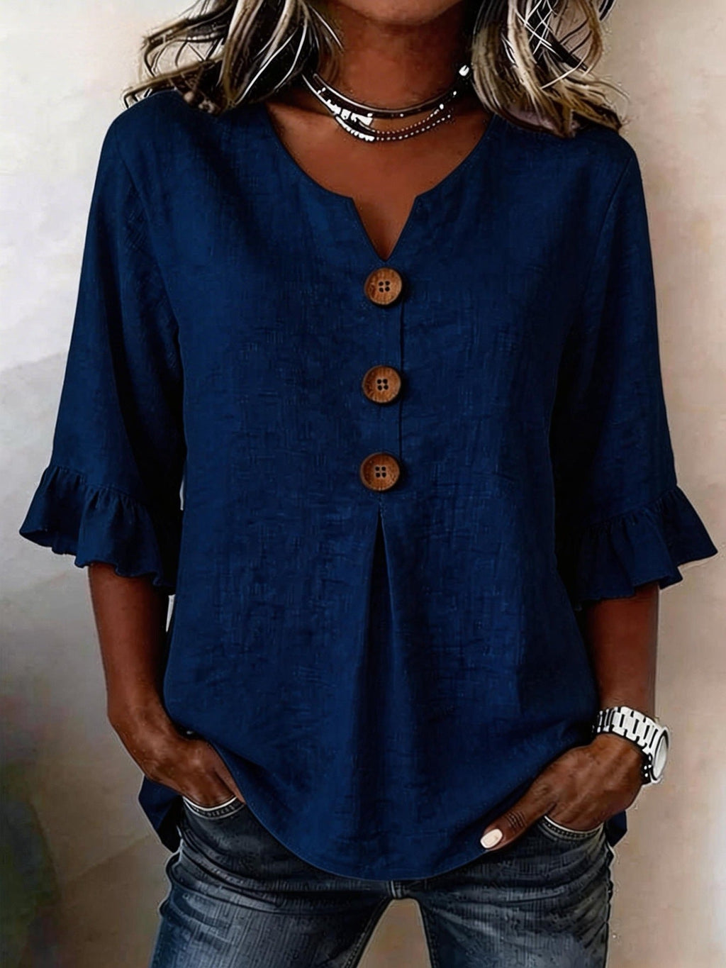 Blouse Women V-Neck Ruffled Sleeve Button Detail - 5 - Stylewhipped
