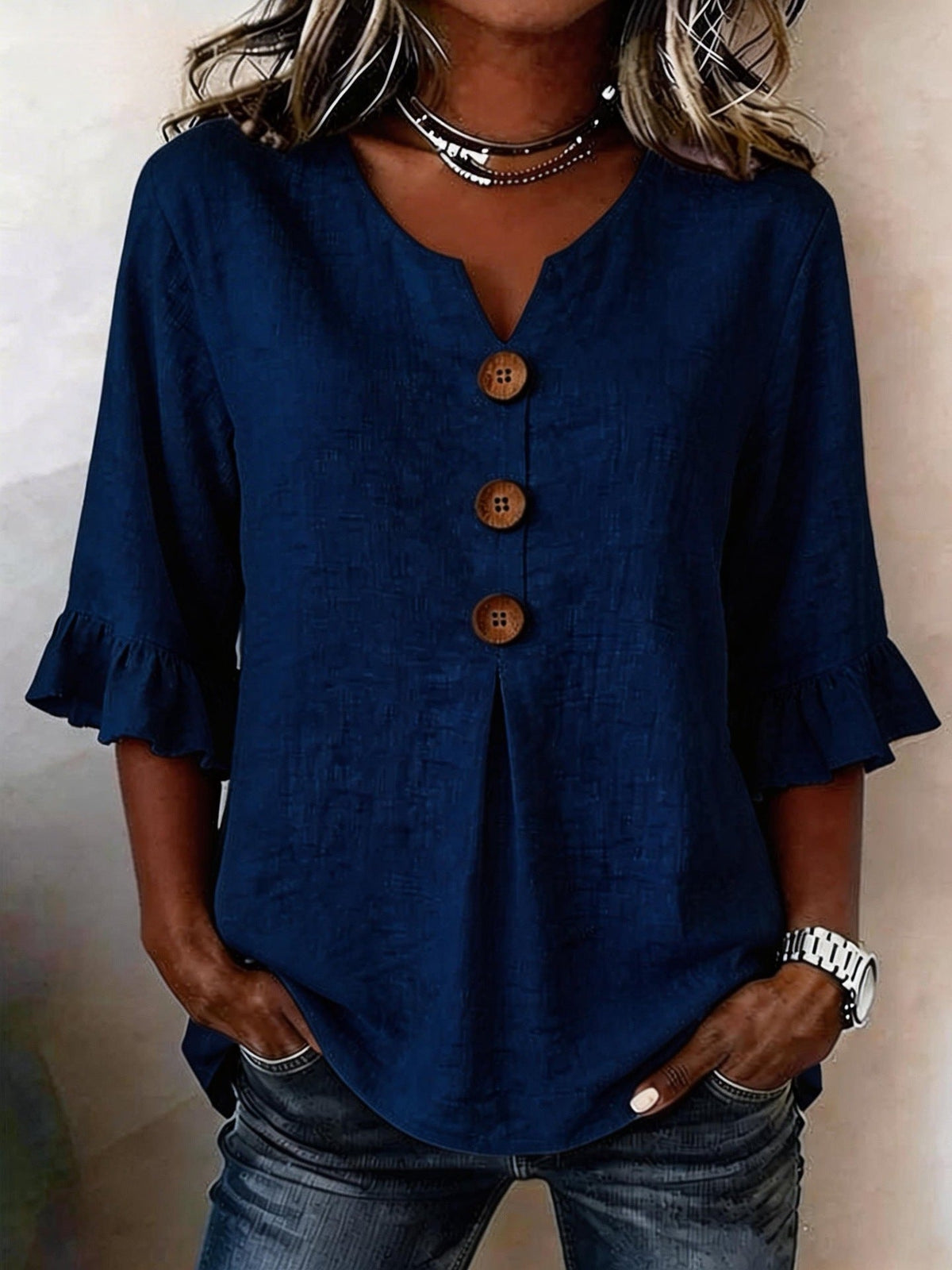 Blouse Women V-Neck Ruffled Sleeve Button Detail - 5 - Stylewhipped