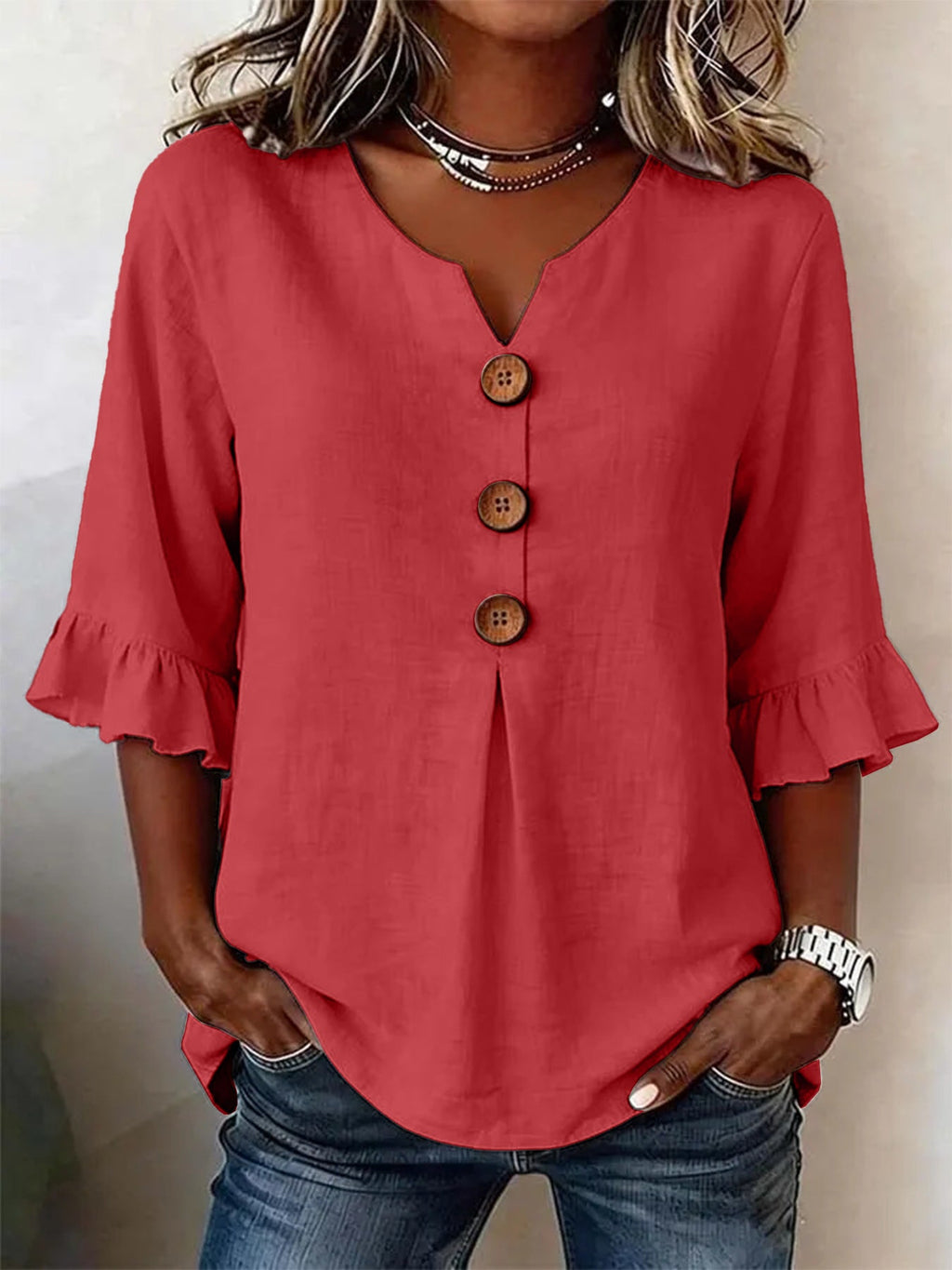 Blouse Women V-Neck Ruffled Sleeve Button Detail - 7 - Stylewhipped