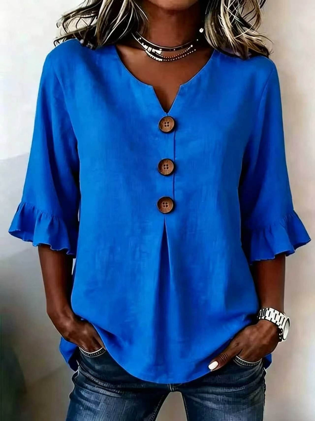 Blouse Women V-Neck Ruffled Sleeve Button Detail - 8 - Stylewhipped