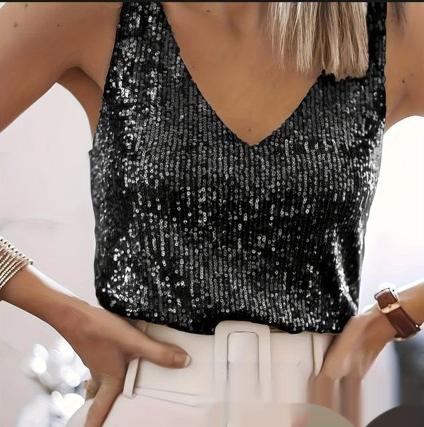 Sequin V-Neck Sleeveless Blouse for Women with Sparkling Detail - 2 - Stylewhipped