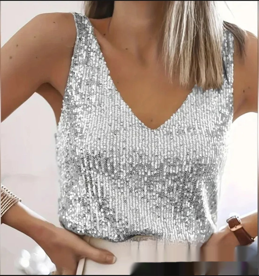 Sequin V-Neck Sleeveless Blouse for Women with Sparkling Detail - 3 - Stylewhipped