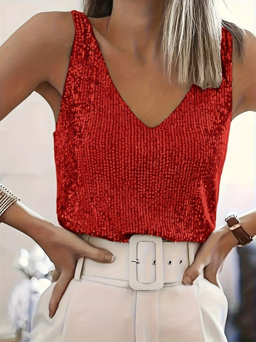 Sequin V-Neck Sleeveless Blouse for Women with Sparkling Detail - 5 - Stylewhipped