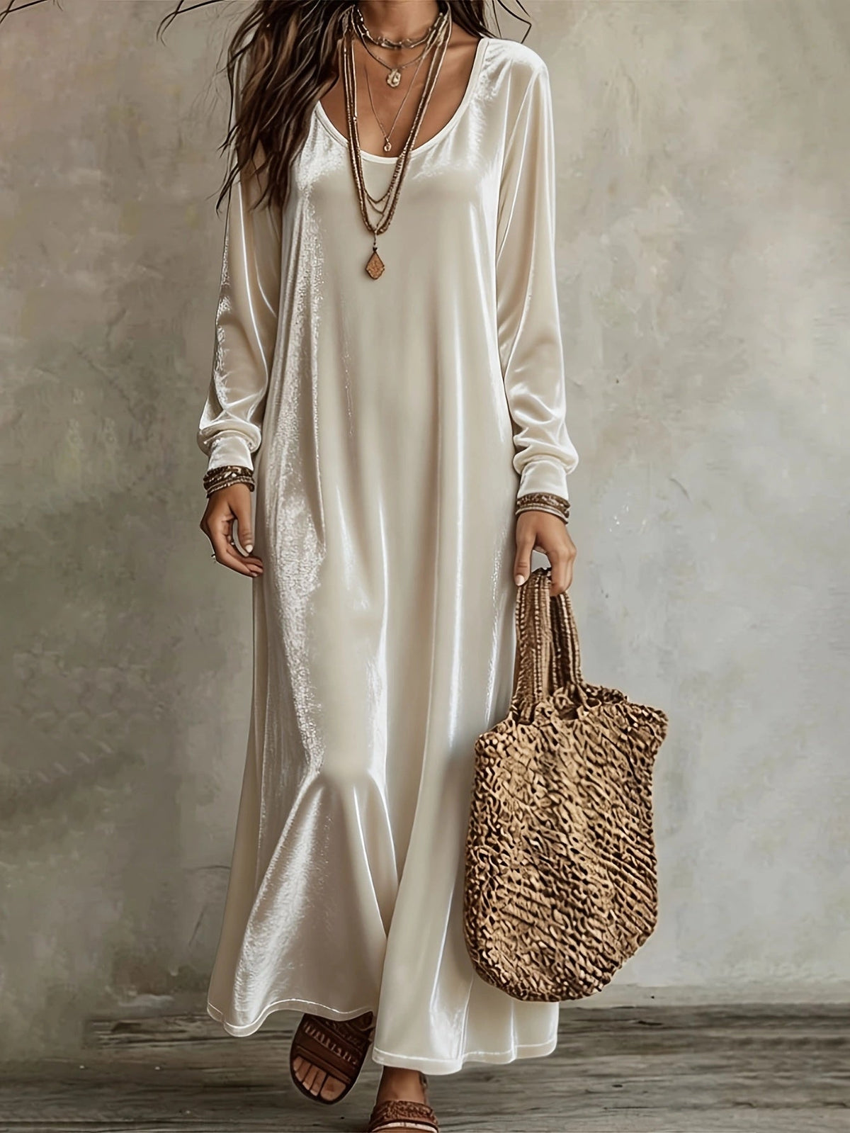 Maxi Dress Women's V-Neck Long Sleeve Flared Skirt - 1 - Stylewhipped