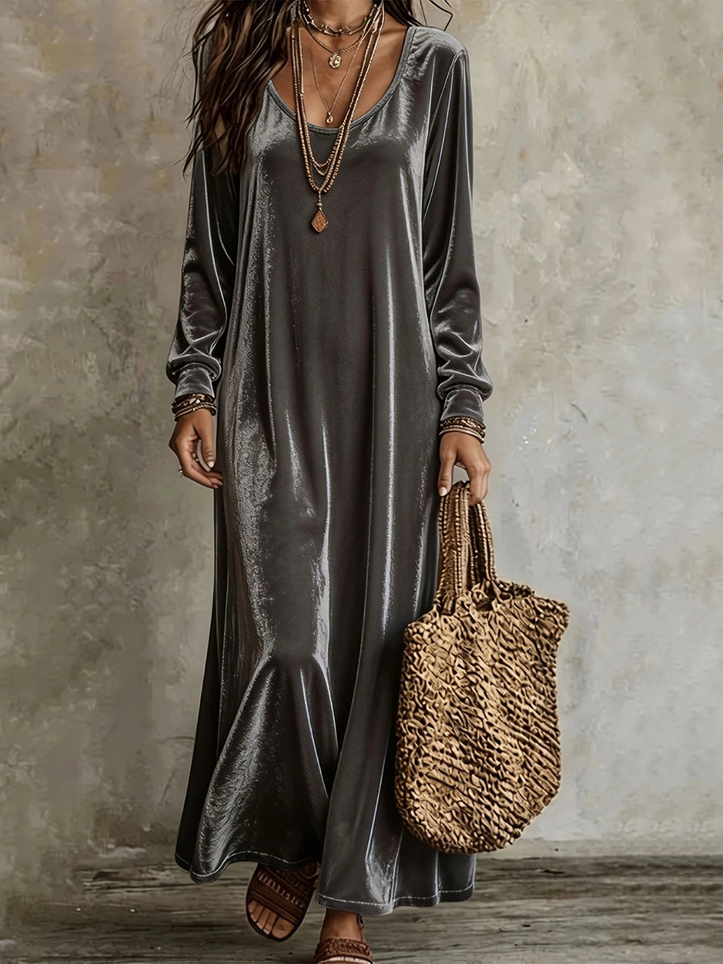 Maxi Dress Women's V-Neck Long Sleeve Flared Skirt - 2 - Stylewhipped