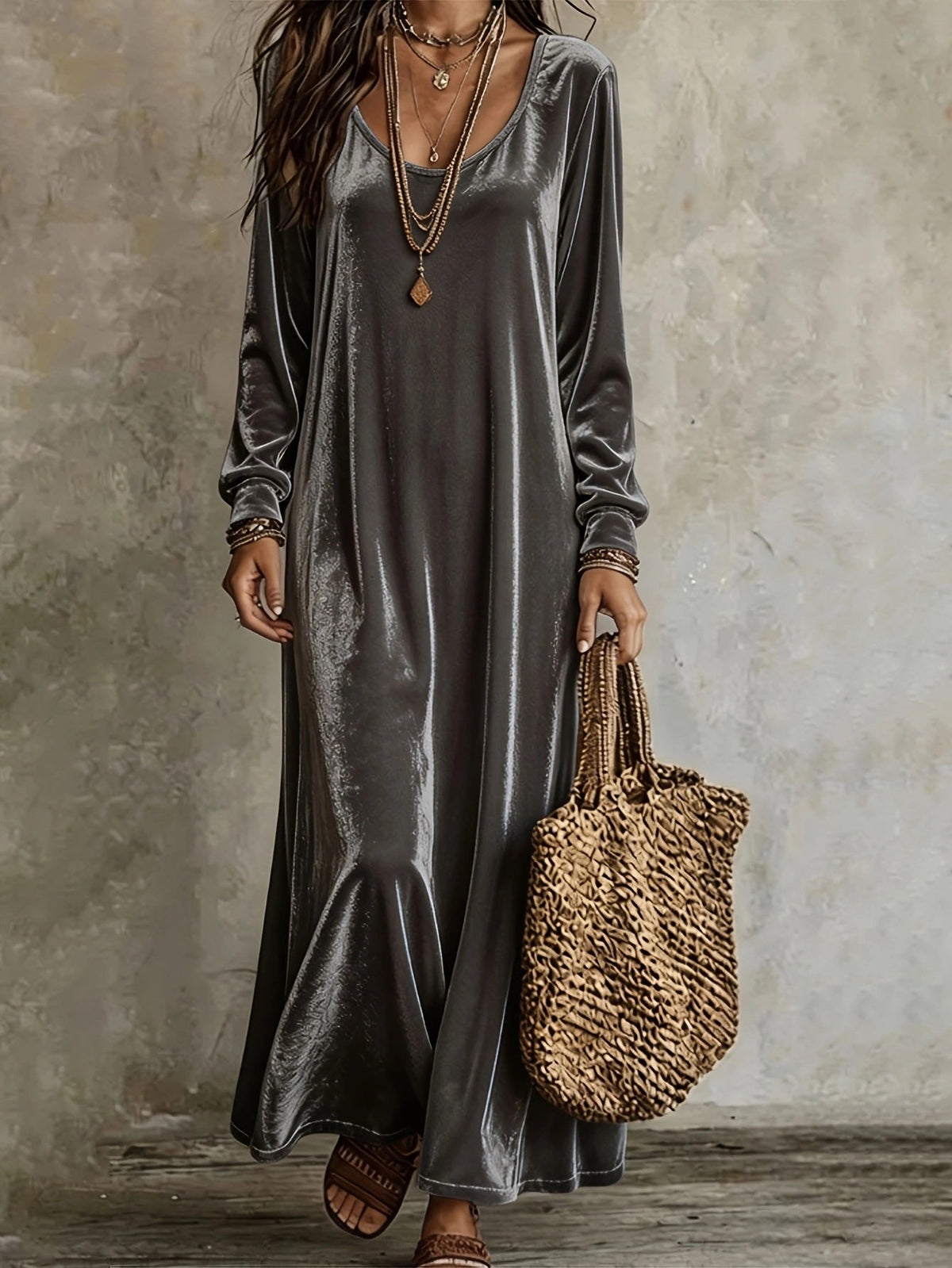 Maxi Dress Women's V-Neck Long Sleeve Flared Skirt - 2 - Stylewhipped