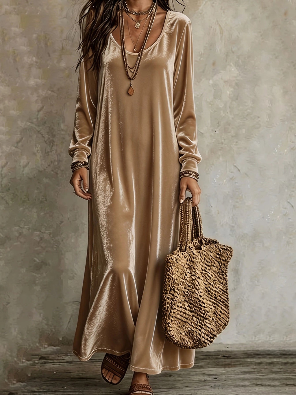 Maxi Dress Women's V-Neck Long Sleeve Flared Skirt - 6 - Stylewhipped