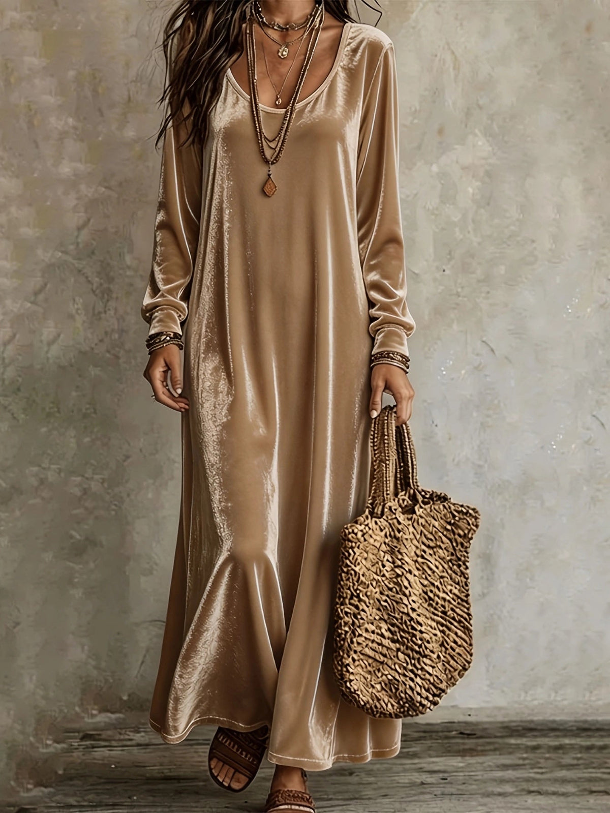 Maxi Dress Women's V-Neck Long Sleeve Flared Skirt - 6 - Stylewhipped