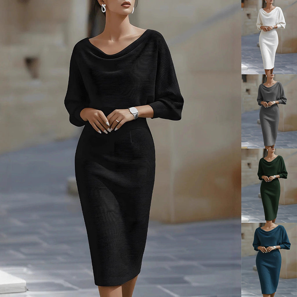 Midi Dress for Women with Cowl Neck and Puff Sleeves - 1 - Stylewhipped