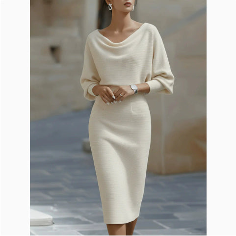 Midi Dress for Women with Cowl Neck and Puff Sleeves - 2 - Stylewhipped