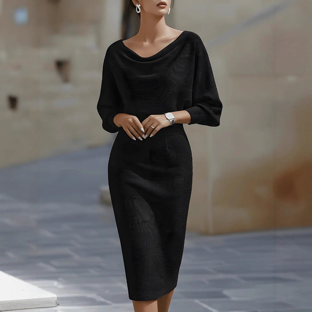 Midi Dress for Women with Cowl Neck and Puff Sleeves - 12 - Stylewhipped