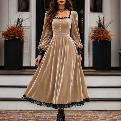 Midi Dress for Women with Square Neck and Puff Sleeves - 1 - Stylewhipped