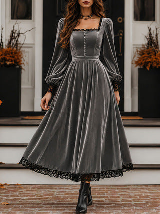 Midi Dress for Women with Square Neck and Puff Sleeves - 2 - Stylewhipped