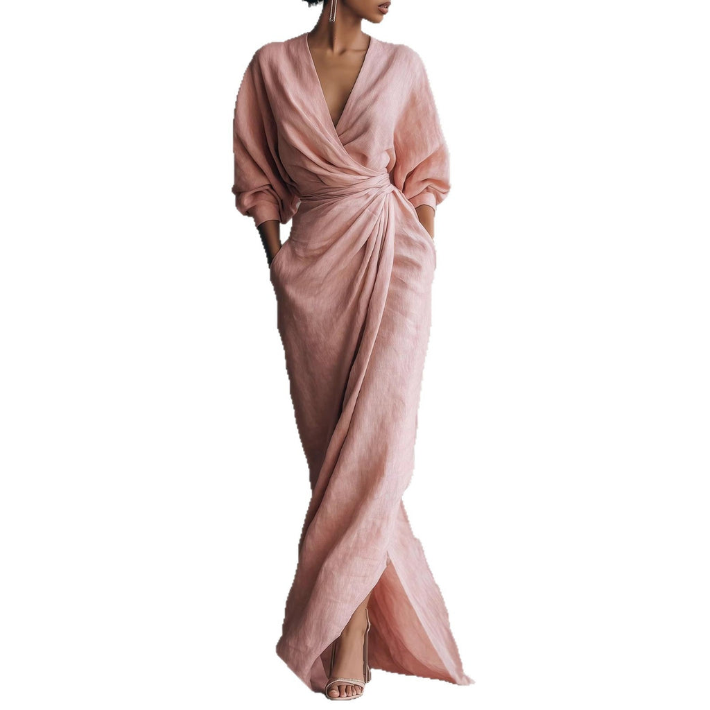 Maxi Dress Women V-Neck Wrap Design with Pockets - 2 - Stylewhipped