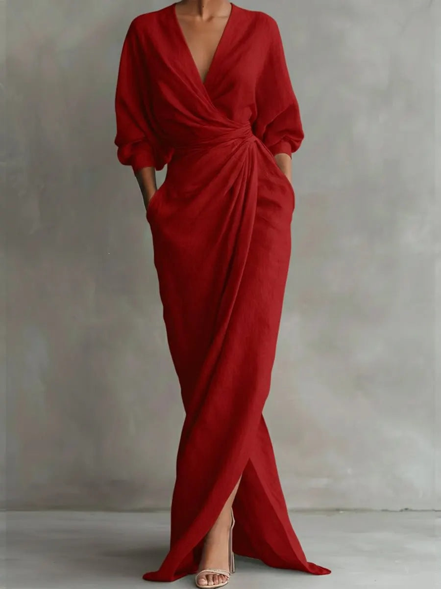 Maxi Dress Women V-Neck Wrap Design with Pockets - 3 - Stylewhipped
