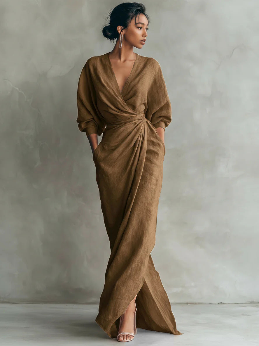 Maxi Dress Women V-Neck Wrap Design with Pockets - 4 - Stylewhipped
