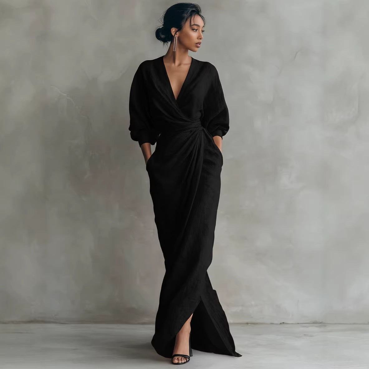 Maxi Dress Women V-Neck Wrap Design with Pockets - 6 - Stylewhipped