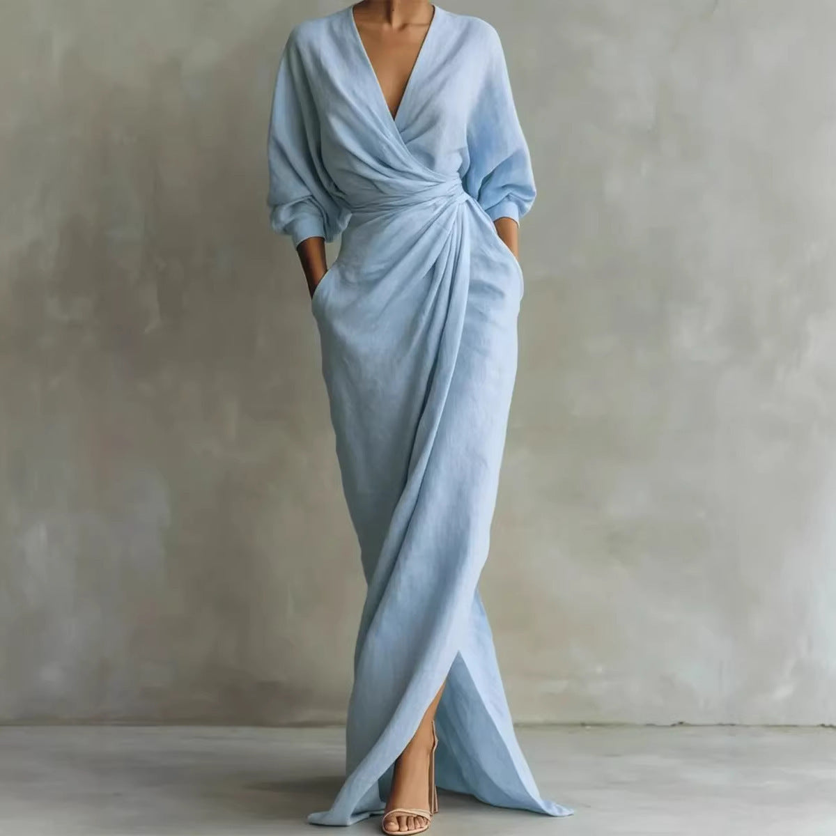 Maxi Dress Women V-Neck Wrap Design with Pockets - 8 - Stylewhipped