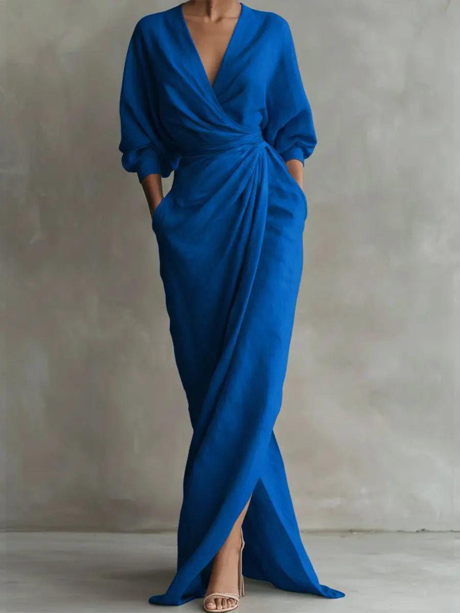Maxi Dress Women V-Neck Wrap Design with Pockets - 9 - Stylewhipped