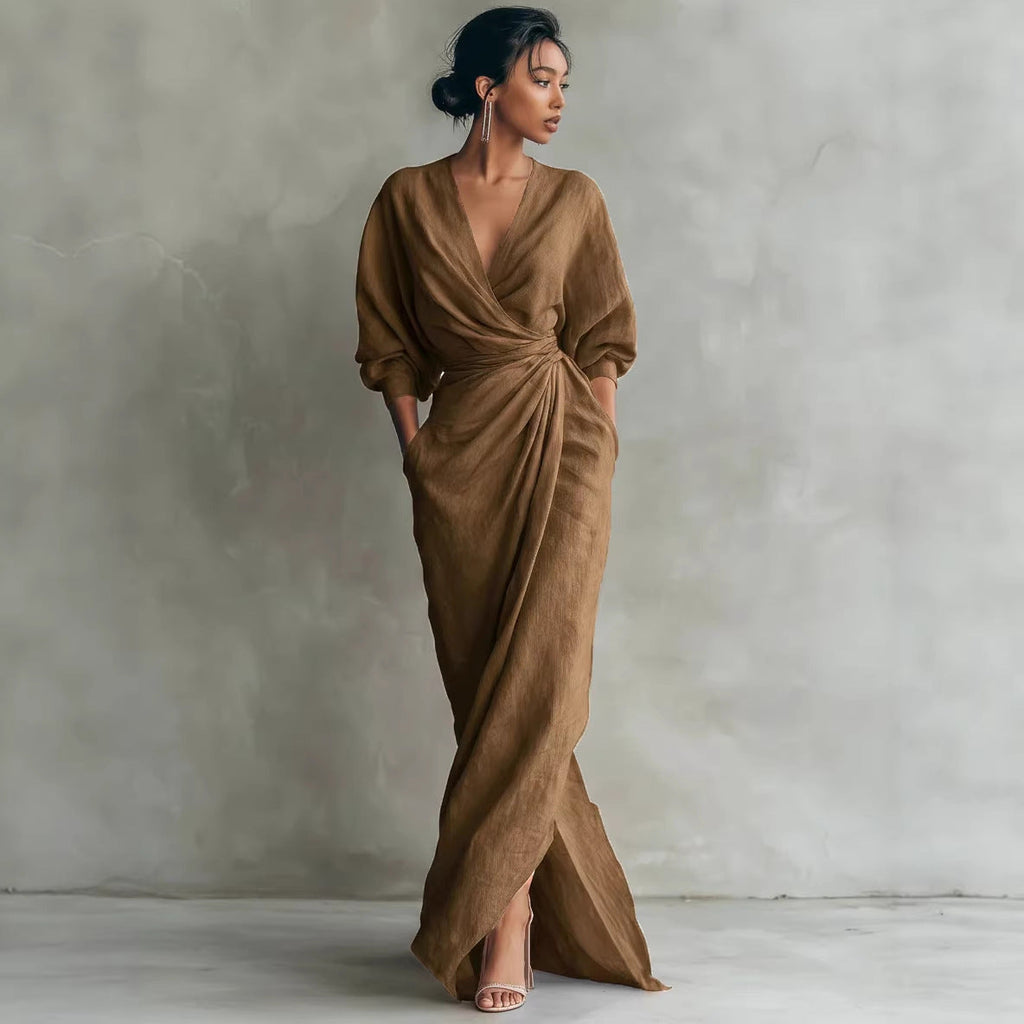 Maxi Dress Women V-Neck Wrap Design with Pockets - 10 - Stylewhipped