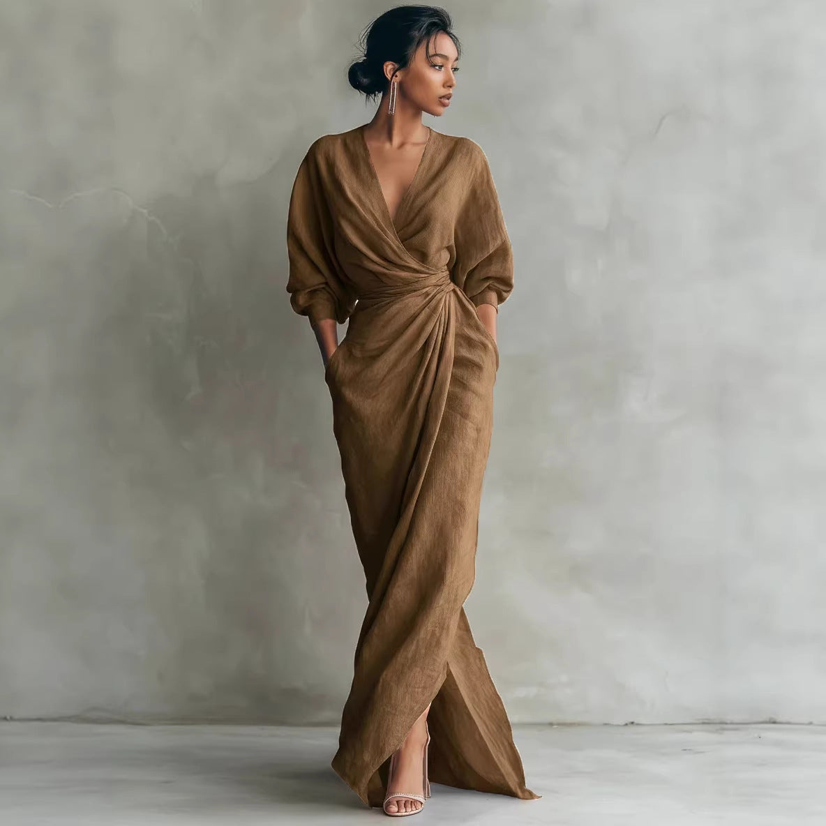 Maxi Dress Women V-Neck Wrap Design with Pockets - 10 - Stylewhipped