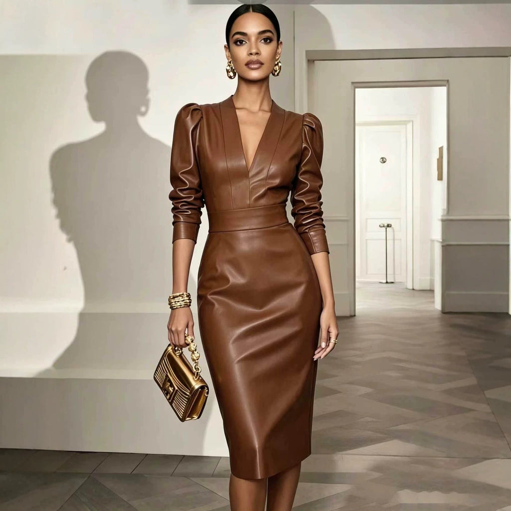 Pencil Dress Women's V-Neck with Puff Sleeves and Fitted Silhouette - 3 - Stylewhipped