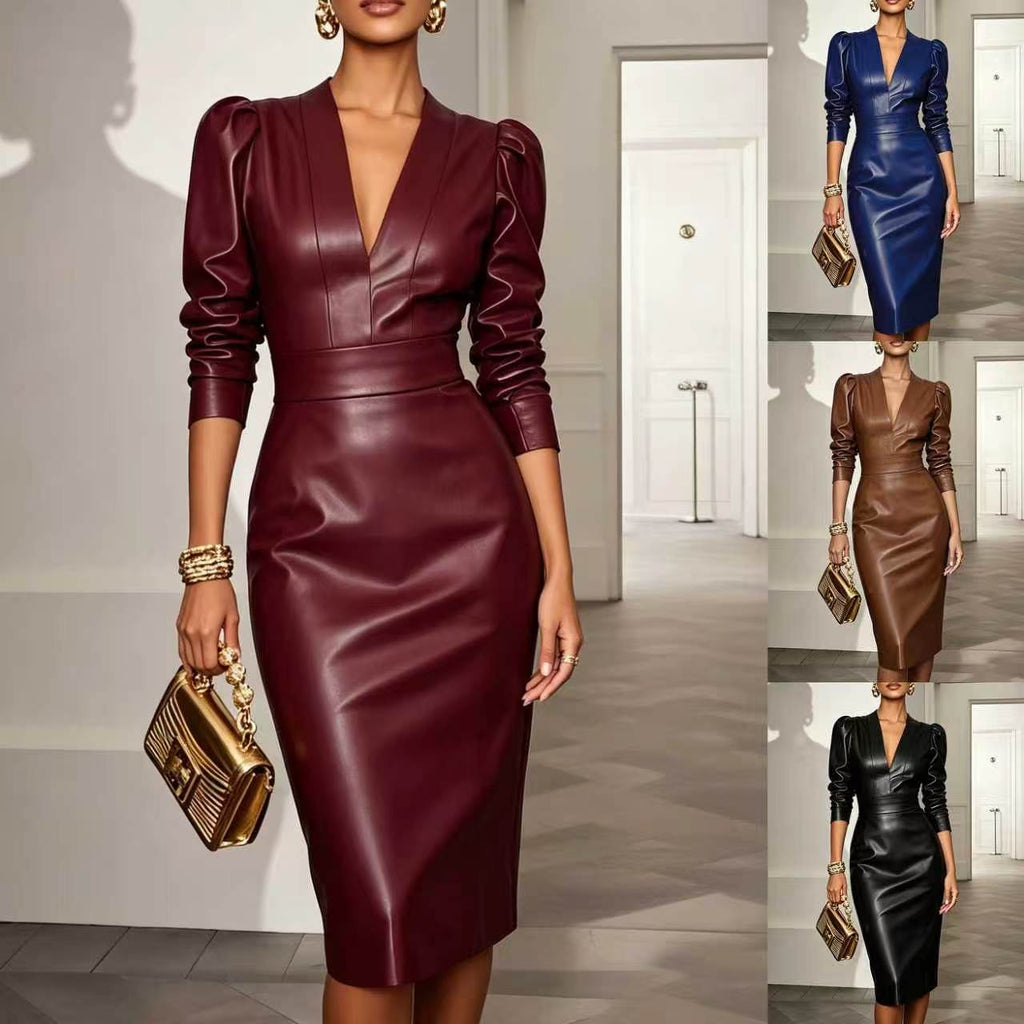 Pencil Dress Women's V-Neck with Puff Sleeves and Fitted Silhouette - 6 - Stylewhipped