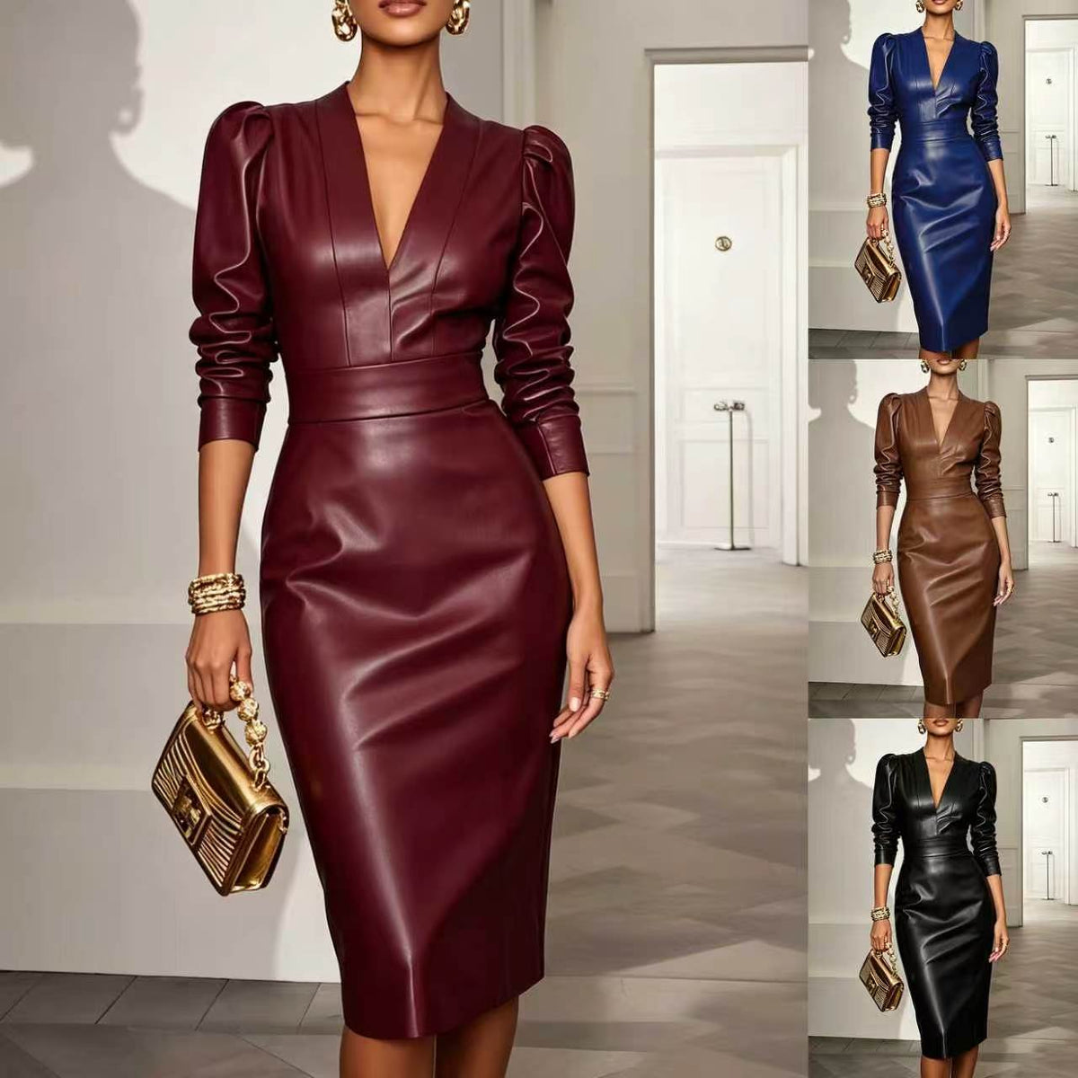 Pencil Dress Women's V-Neck with Puff Sleeves and Fitted Silhouette - 6 - Stylewhipped