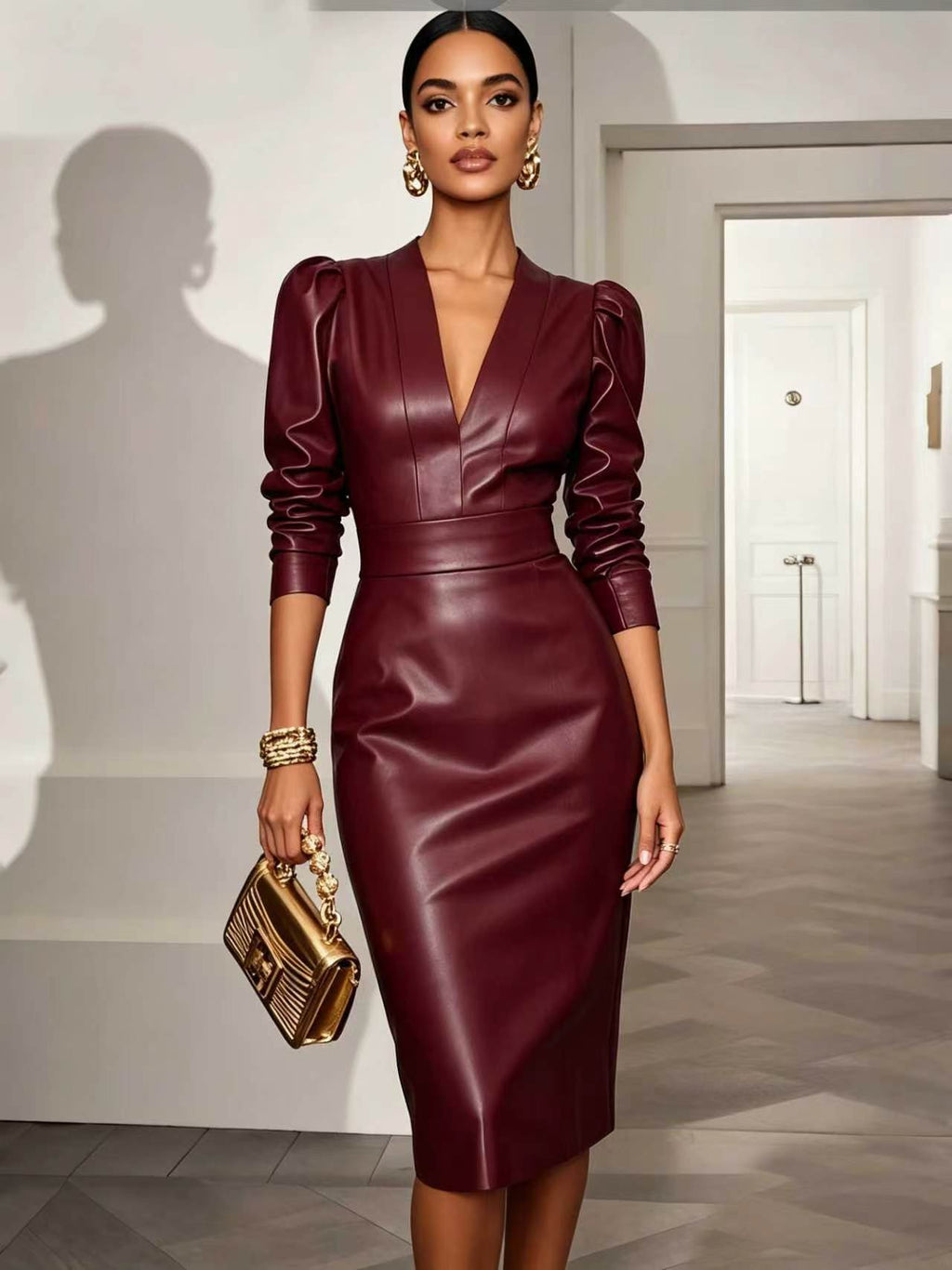 Pencil Dress Women's V-Neck with Puff Sleeves and Fitted Silhouette - 7 - Stylewhipped