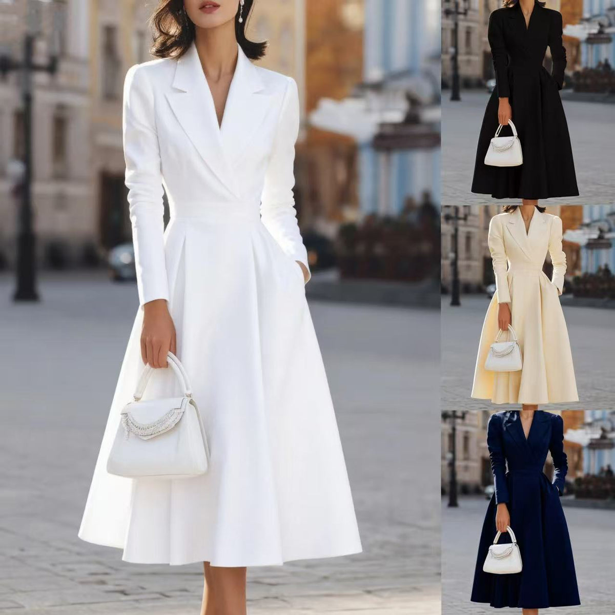 Midi Dress Women's Tailored Fit with Long Sleeves and Wrap Front - 2 - Stylewhipped