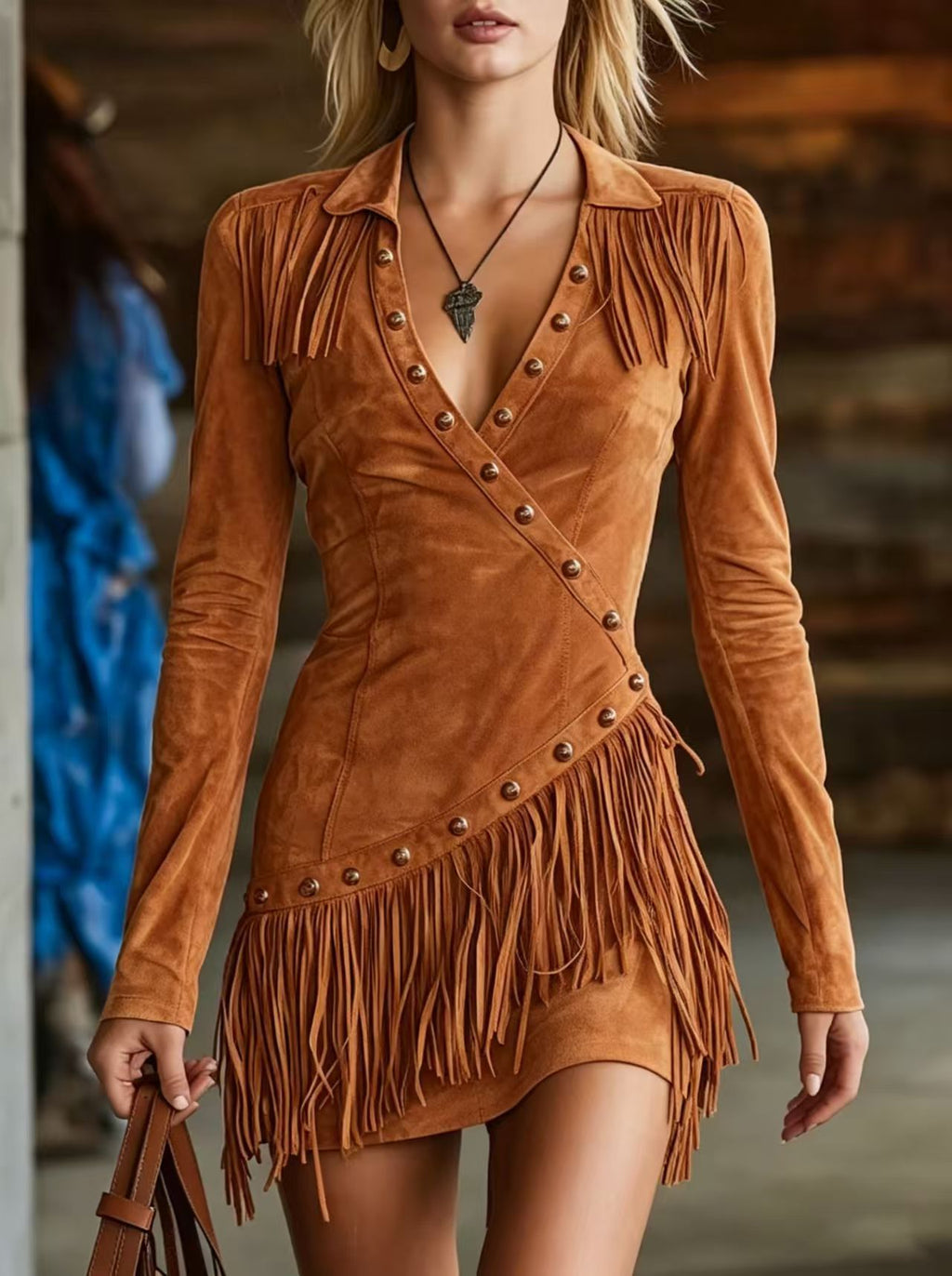 Wrap Dress Women's Long Sleeve with Fringe Detail - 4 - Stylewhipped